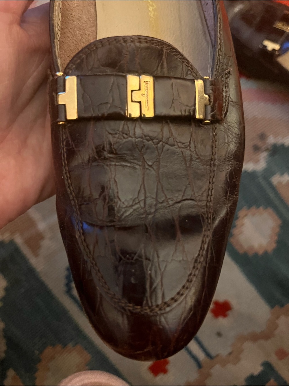 Salvatore Ferragamo Dark Brown Croc-Embossed Leather Bit Loafers - Picture 6 of 6